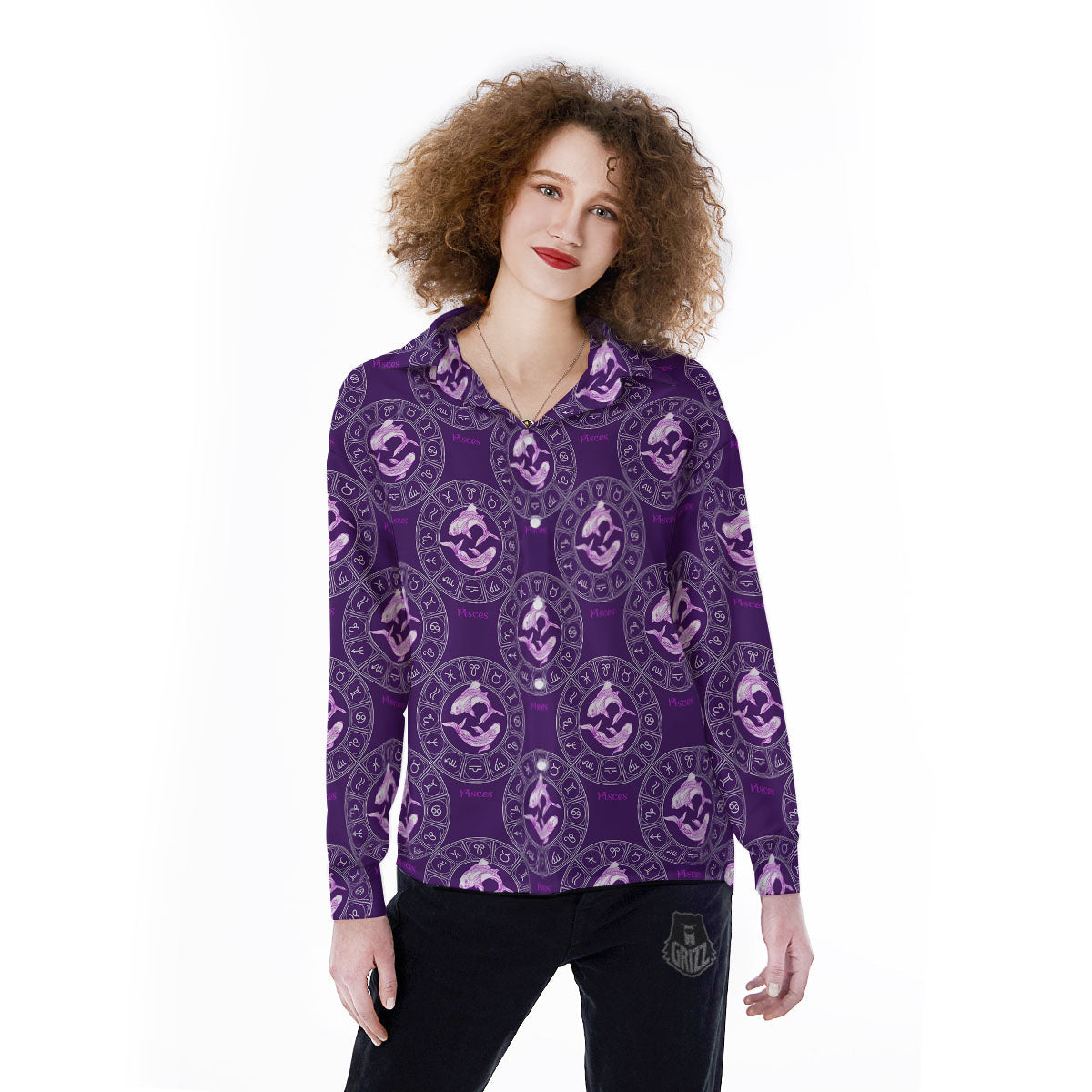 Zodiac Pisces Purple Print Pattern Women's Long Sleeve Shirts-grizzshop