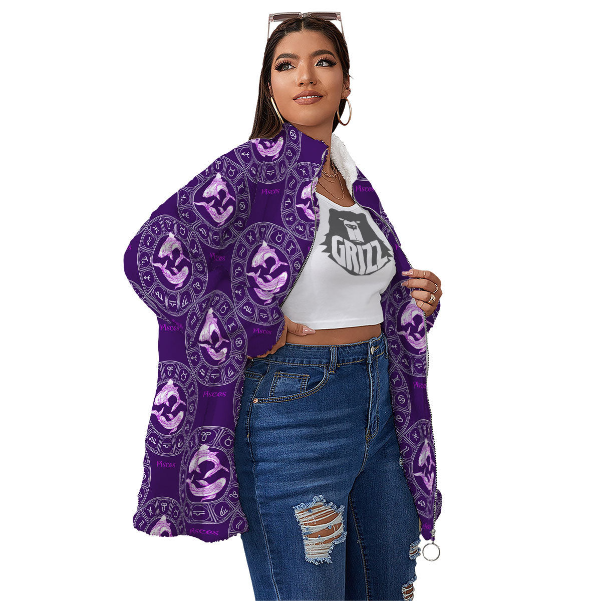 Zodiac Pisces Purple Print Pattern Women's Sherpa Jacket-grizzshop