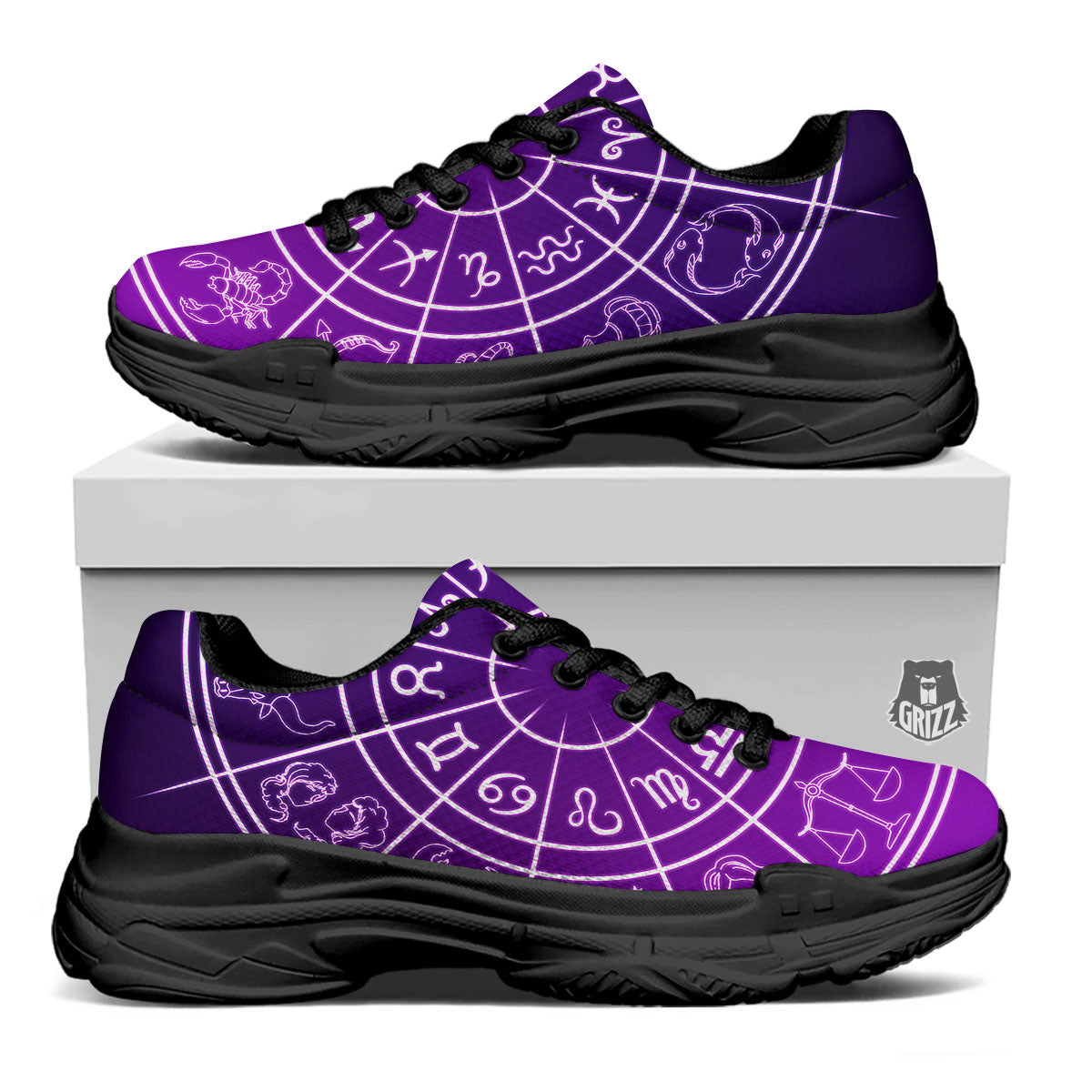 Zodiac Purple And White Signs Print Black Chunky Shoes-grizzshop