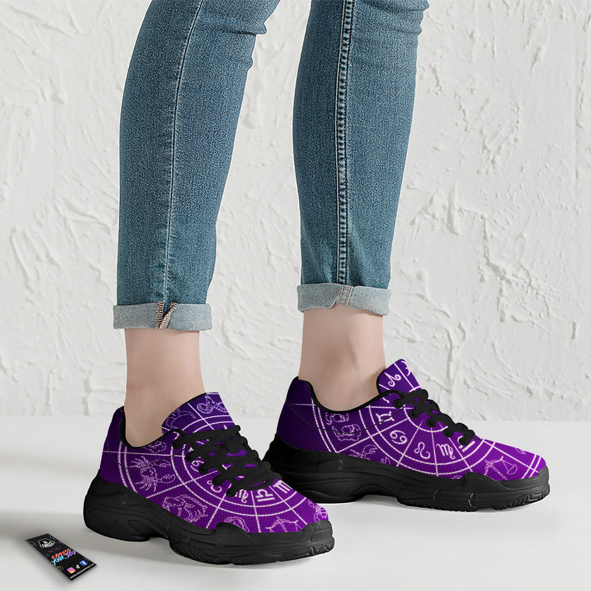 Zodiac Purple And White Signs Print Black Chunky Shoes-grizzshop
