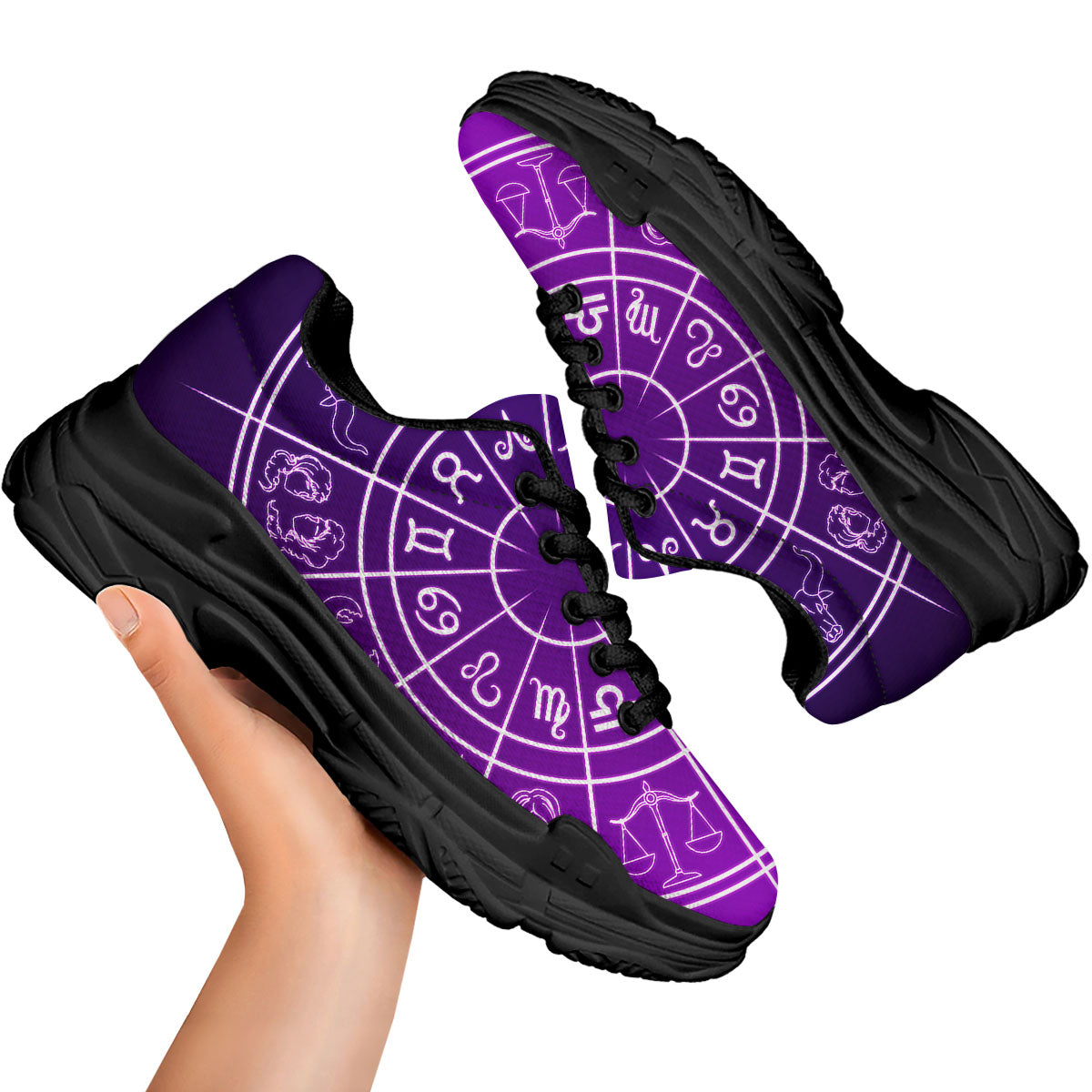 Zodiac Purple And White Signs Print Black Chunky Shoes-grizzshop