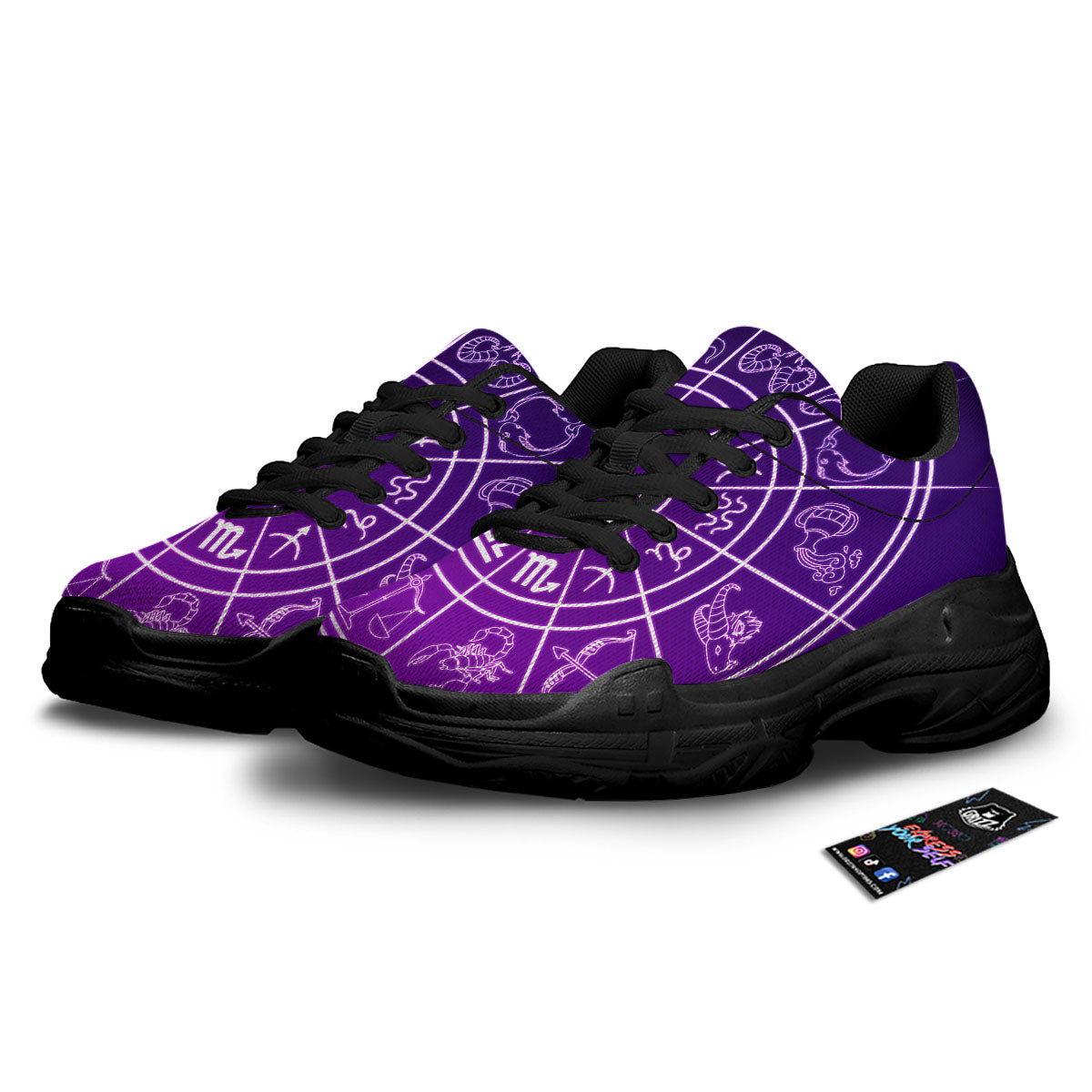 Zodiac Purple And White Signs Print Black Chunky Shoes-grizzshop