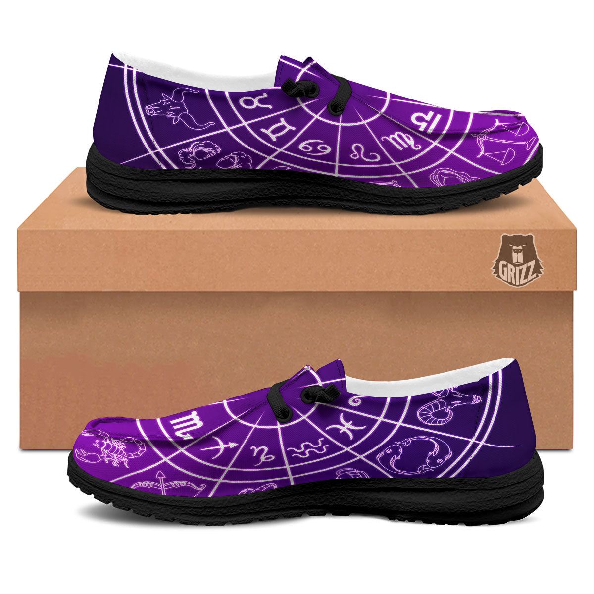 Zodiac Purple And White Signs Print Black Loafers-grizzshop