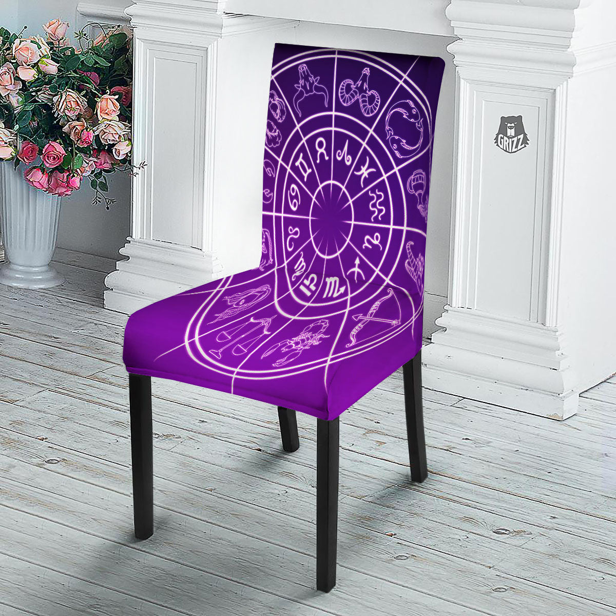 Zodiac Purple And White Signs Print Dining Chair Slipcover-grizzshop