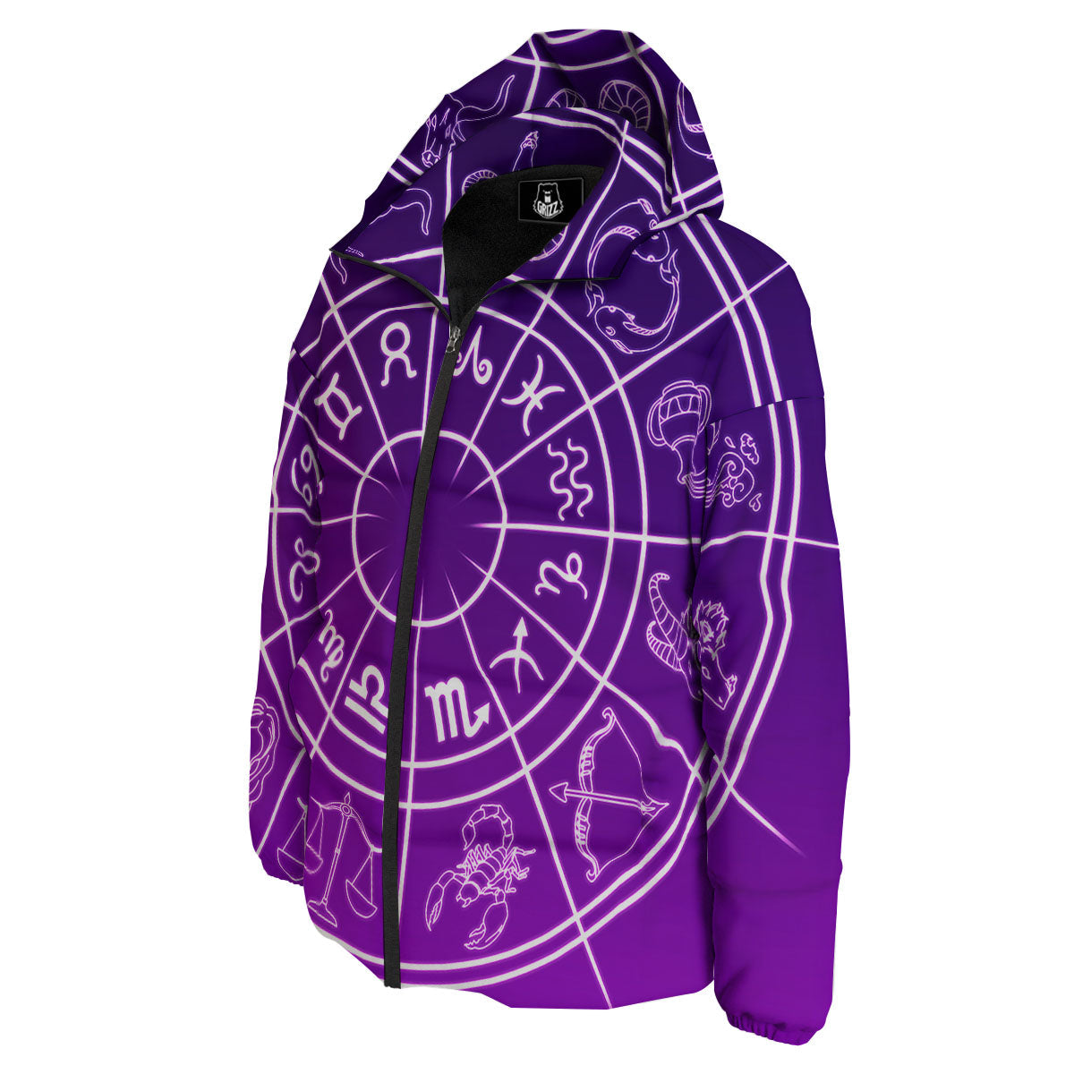 Zodiac Purple And White Signs Print Down Jacket-grizzshop
