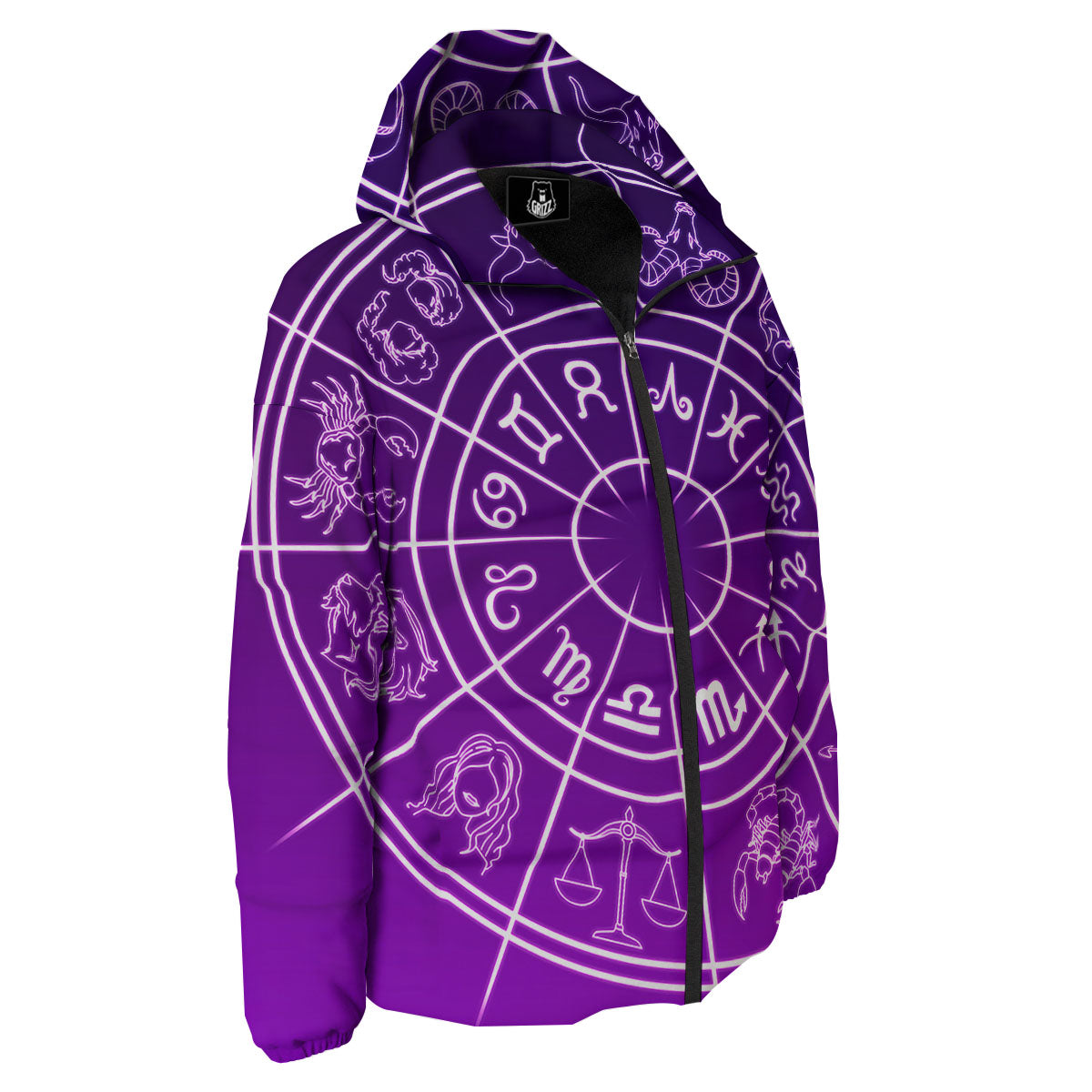 Zodiac Purple And White Signs Print Down Jacket-grizzshop
