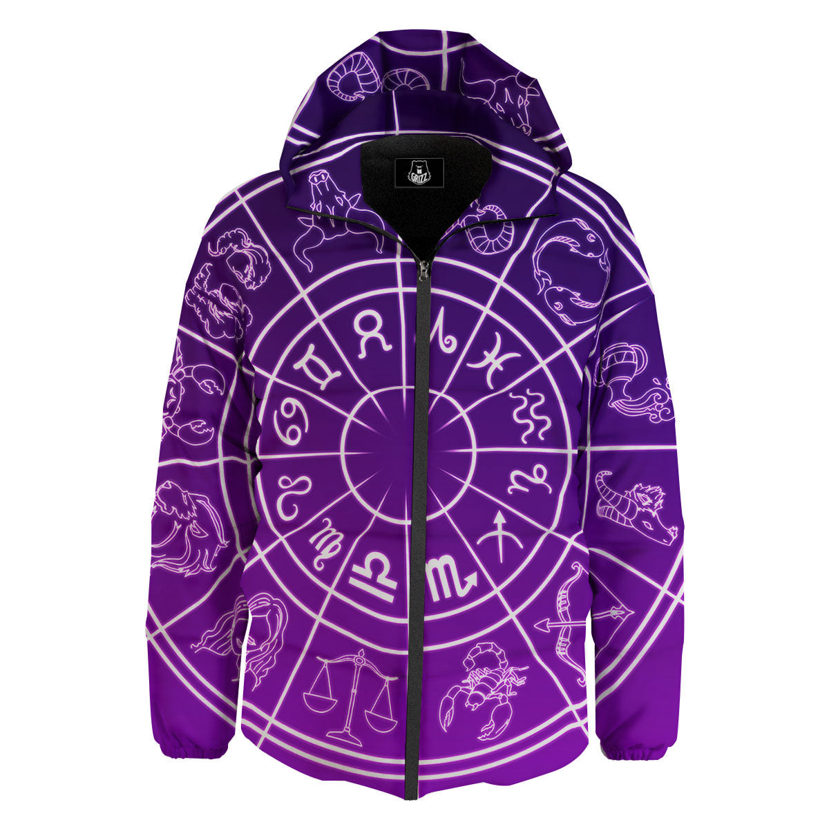 Zodiac Purple And White Signs Print Down Jacket-grizzshop