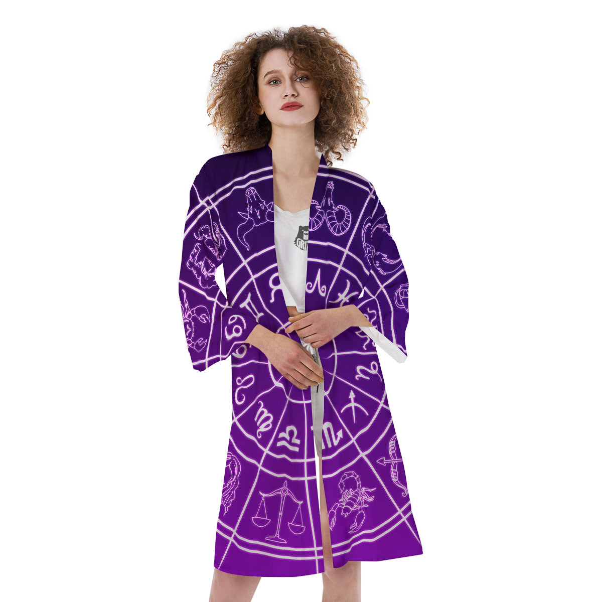 Zodiac Purple And White Signs Print Kimono-grizzshop