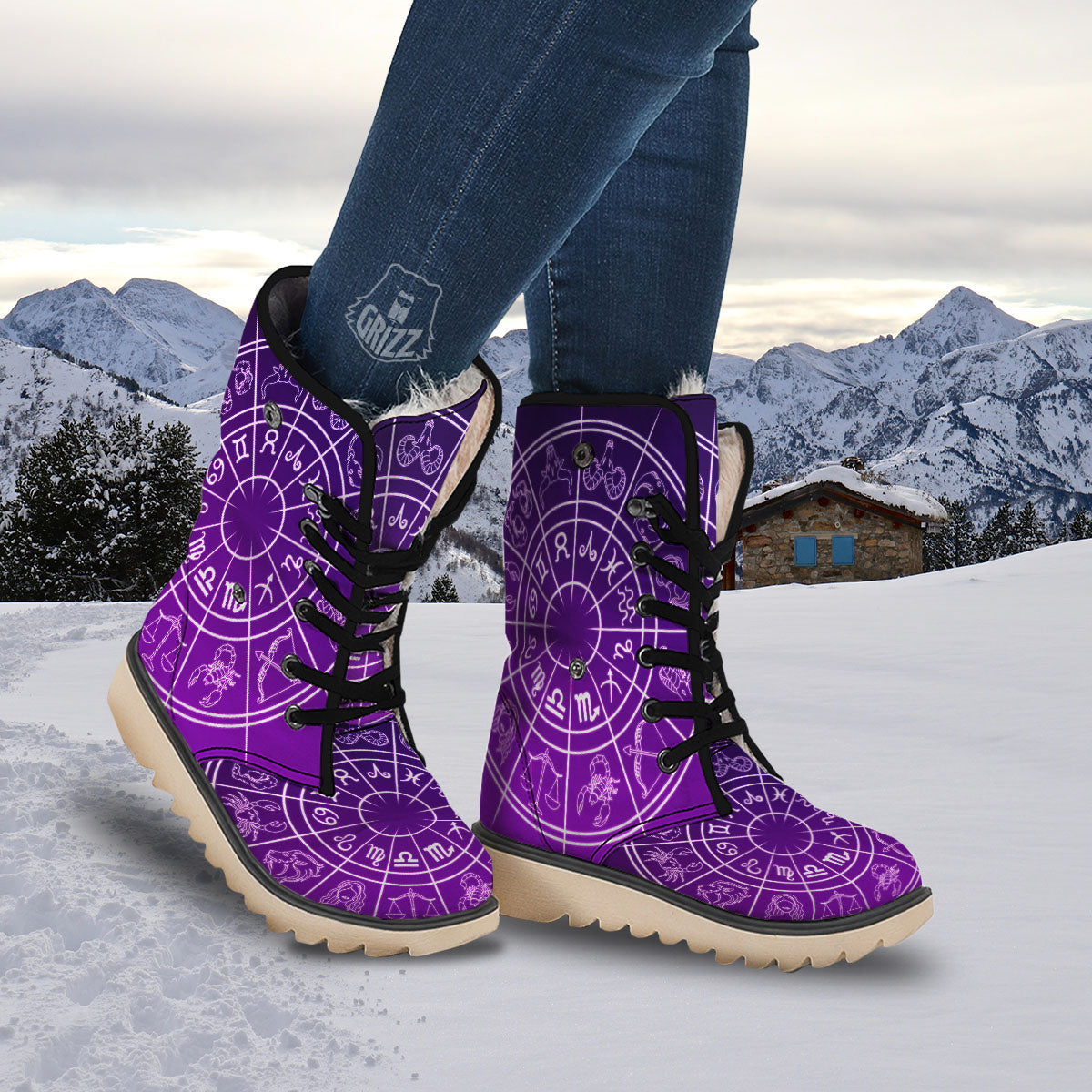 Zodiac Purple And White Signs Print Snow Boots-grizzshop
