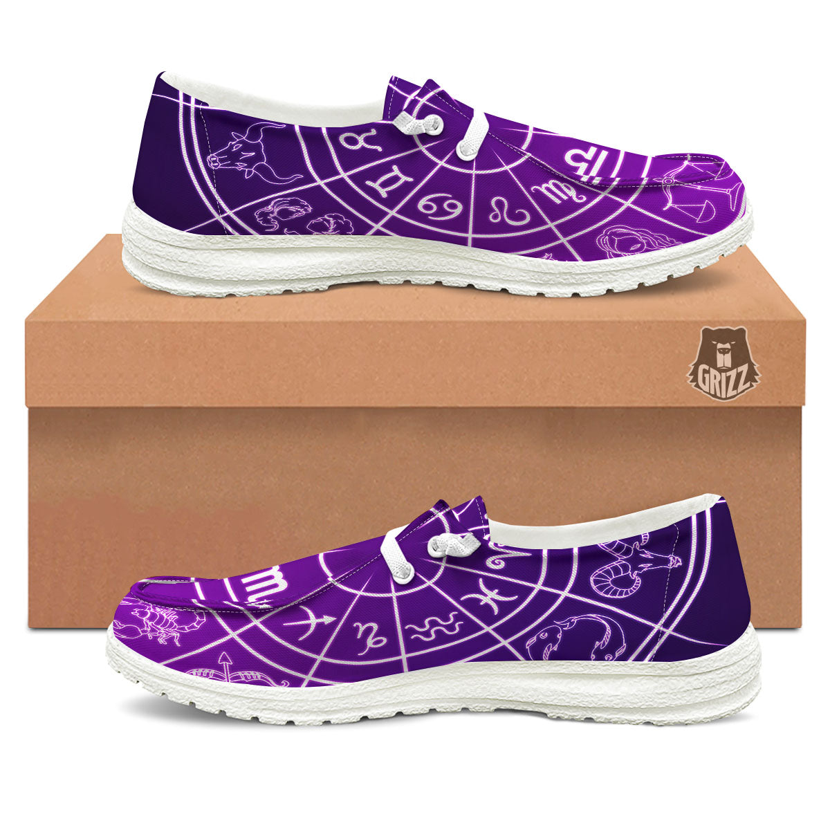Zodiac Purple And White Signs Print White Loafers-grizzshop