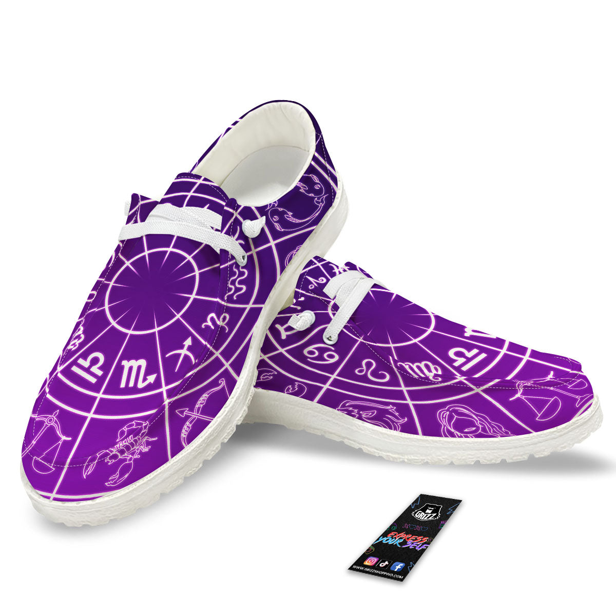 Zodiac Purple And White Signs Print White Loafers-grizzshop