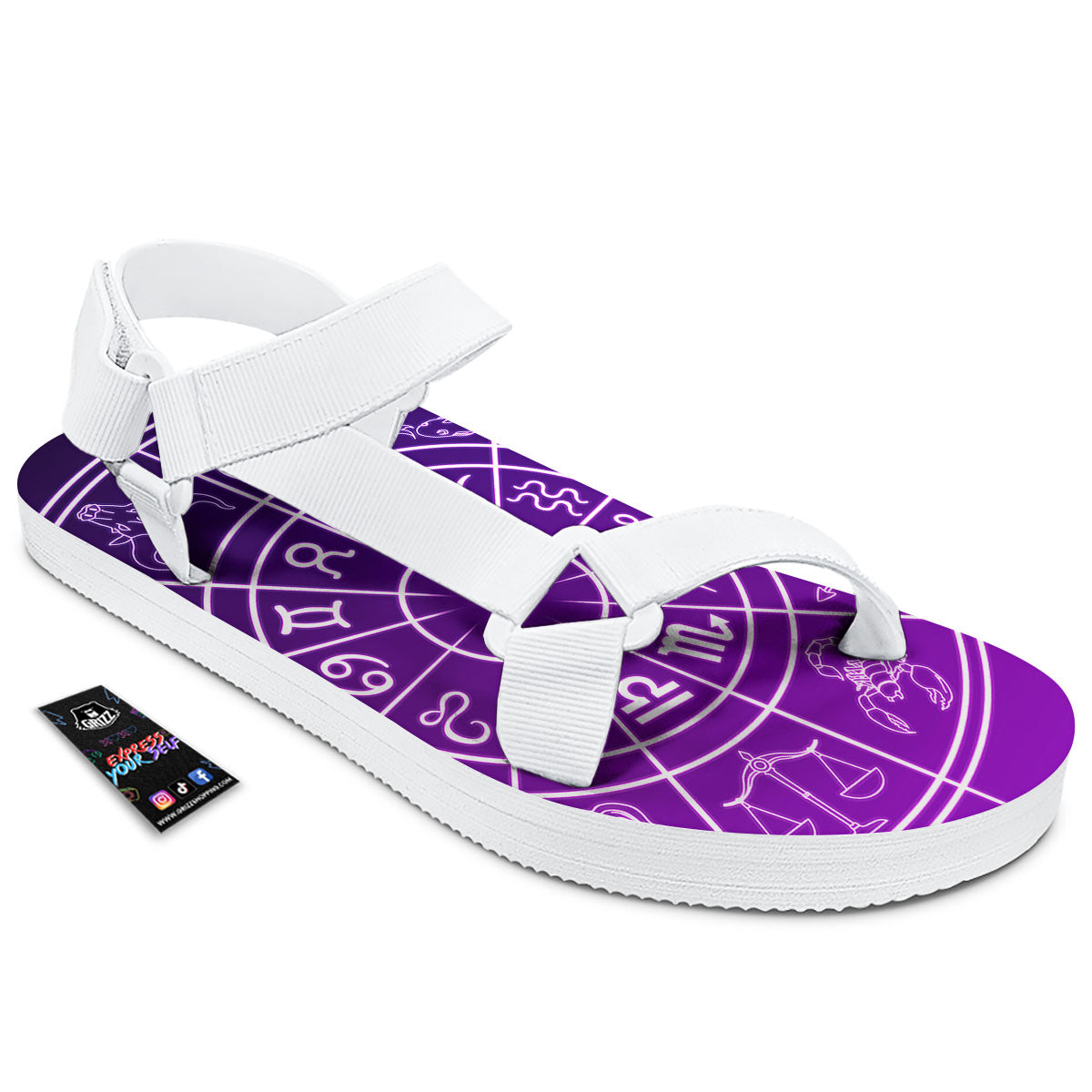 Zodiac Purple And White Signs Print White Open Toe Sandals-grizzshop