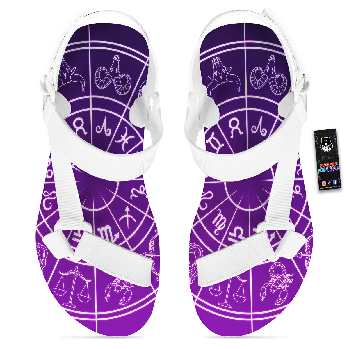 Zodiac Purple And White Signs Print White Open Toe Sandals-grizzshop