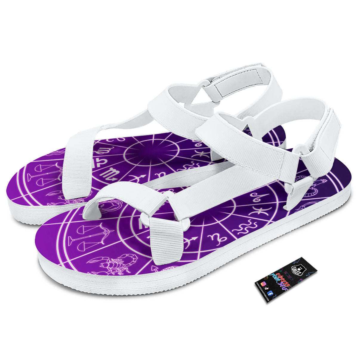 Zodiac Purple And White Signs Print White Open Toe Sandals-grizzshop