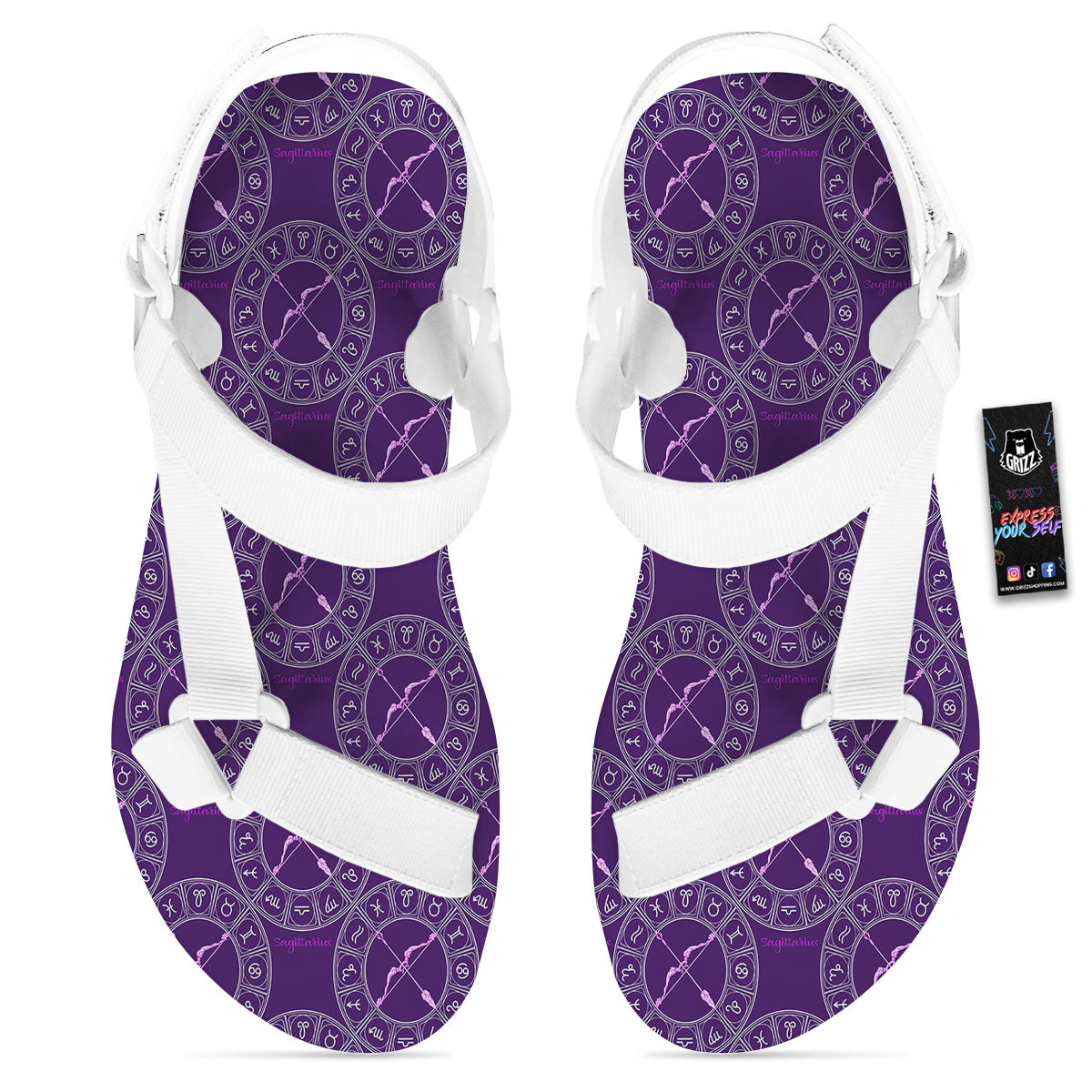 Zodiac Sagittarius Purple Print Pattern White Open Toe Sandals-grizzshop