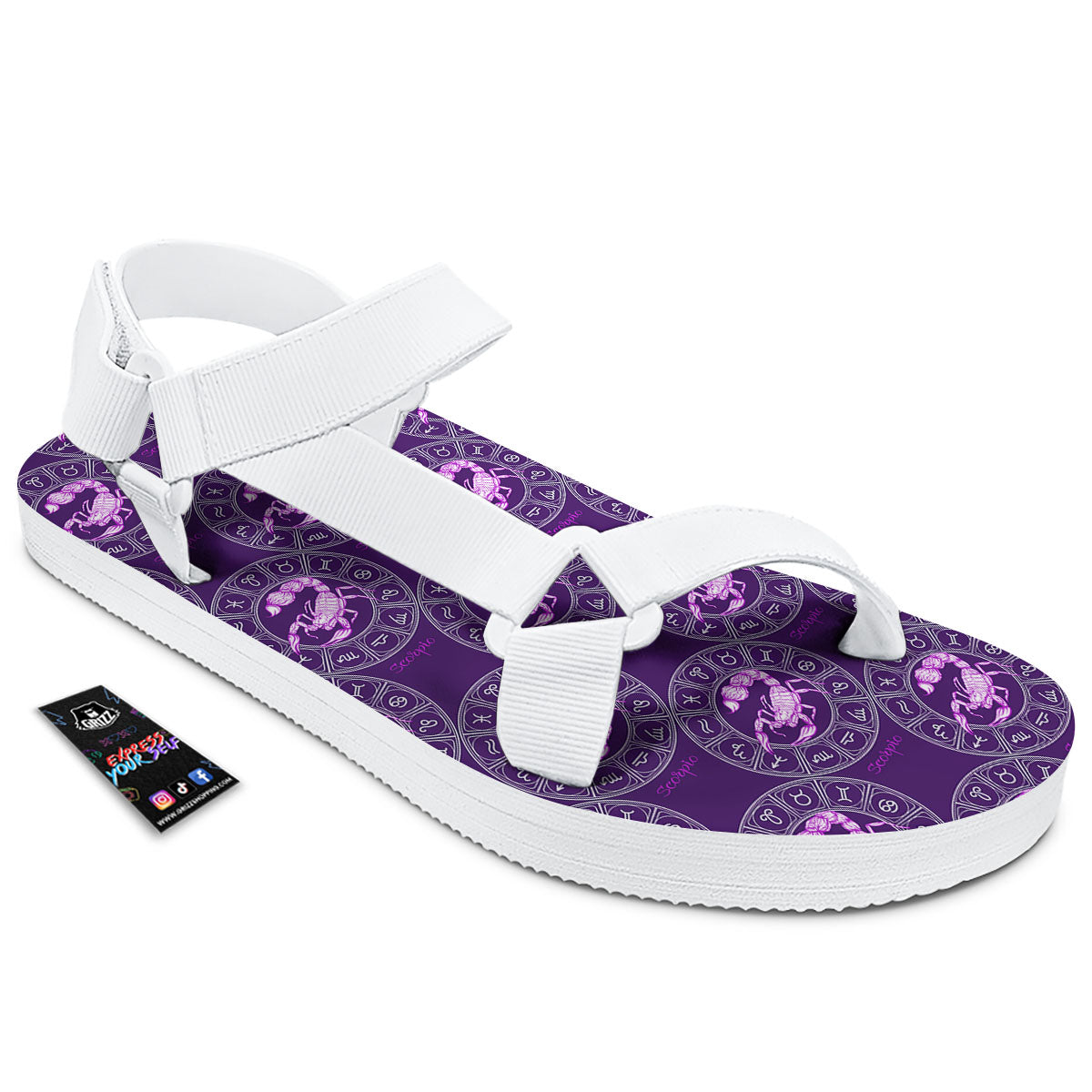Zodiac Scorpio Purple Print Pattern White Open Toe Sandals-grizzshop