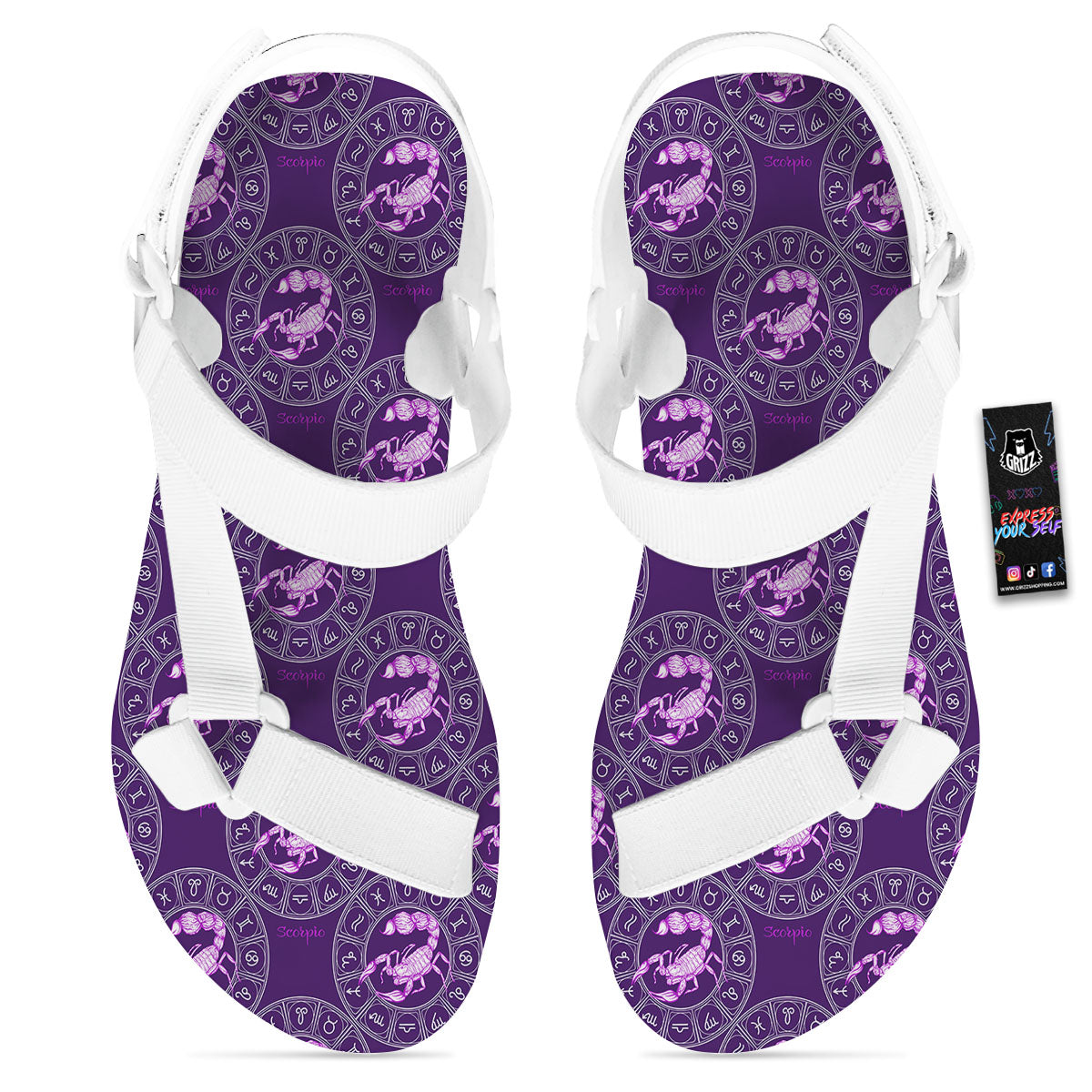 Zodiac Scorpio Purple Print Pattern White Open Toe Sandals-grizzshop