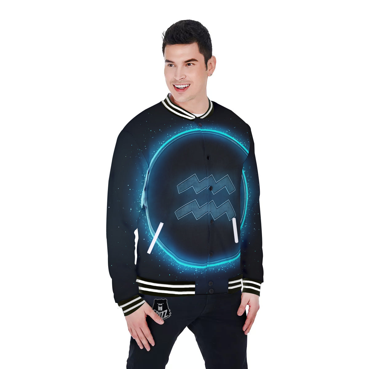 Zodiac Sign Blue Aquarius Print Baseball Jacket-grizzshop