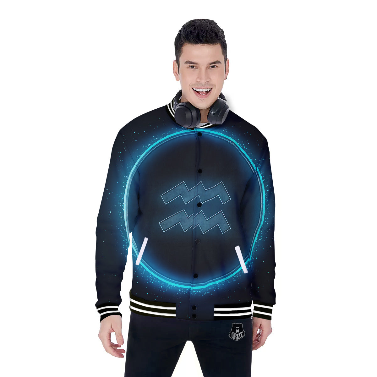 Zodiac Sign Blue Aquarius Print Baseball Jacket-grizzshop