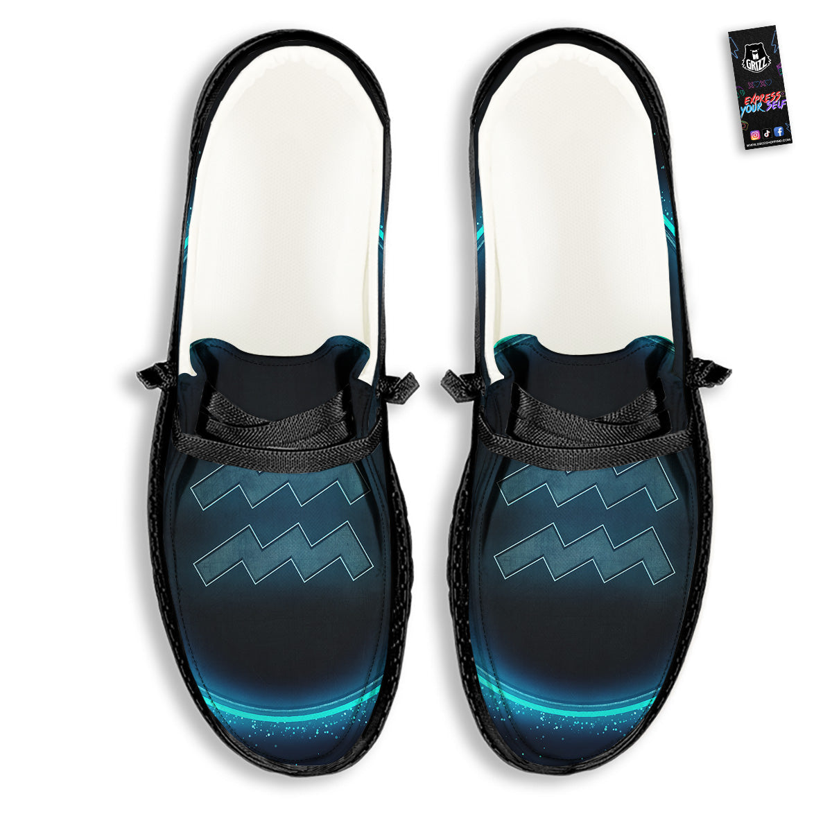 Zodiac Sign Blue Aquarius Print Black Loafers-grizzshop