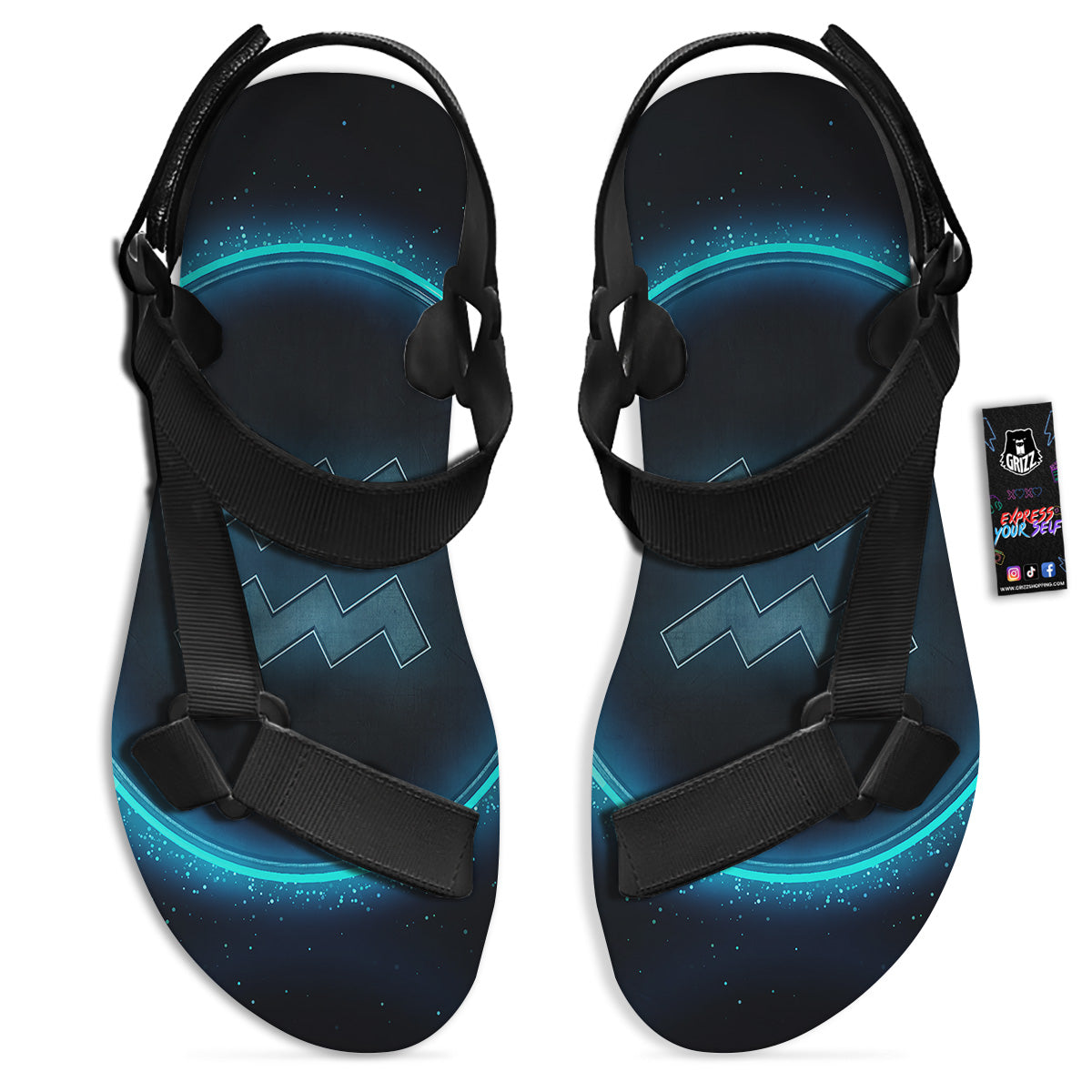 Zodiac Sign Blue Aquarius Print Black Open Toe Sandals-grizzshop
