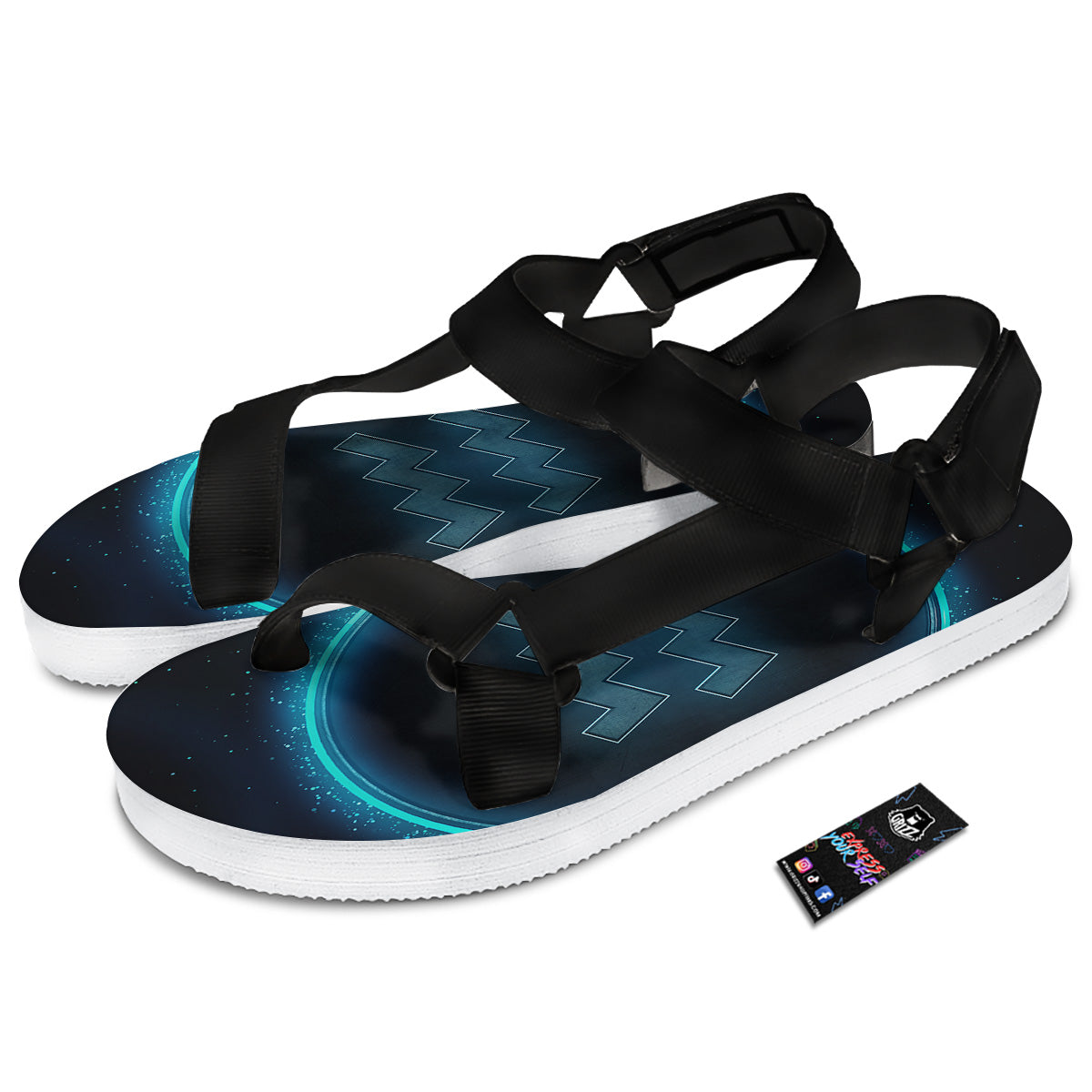 Zodiac Sign Blue Aquarius Print Black Open Toe Sandals-grizzshop