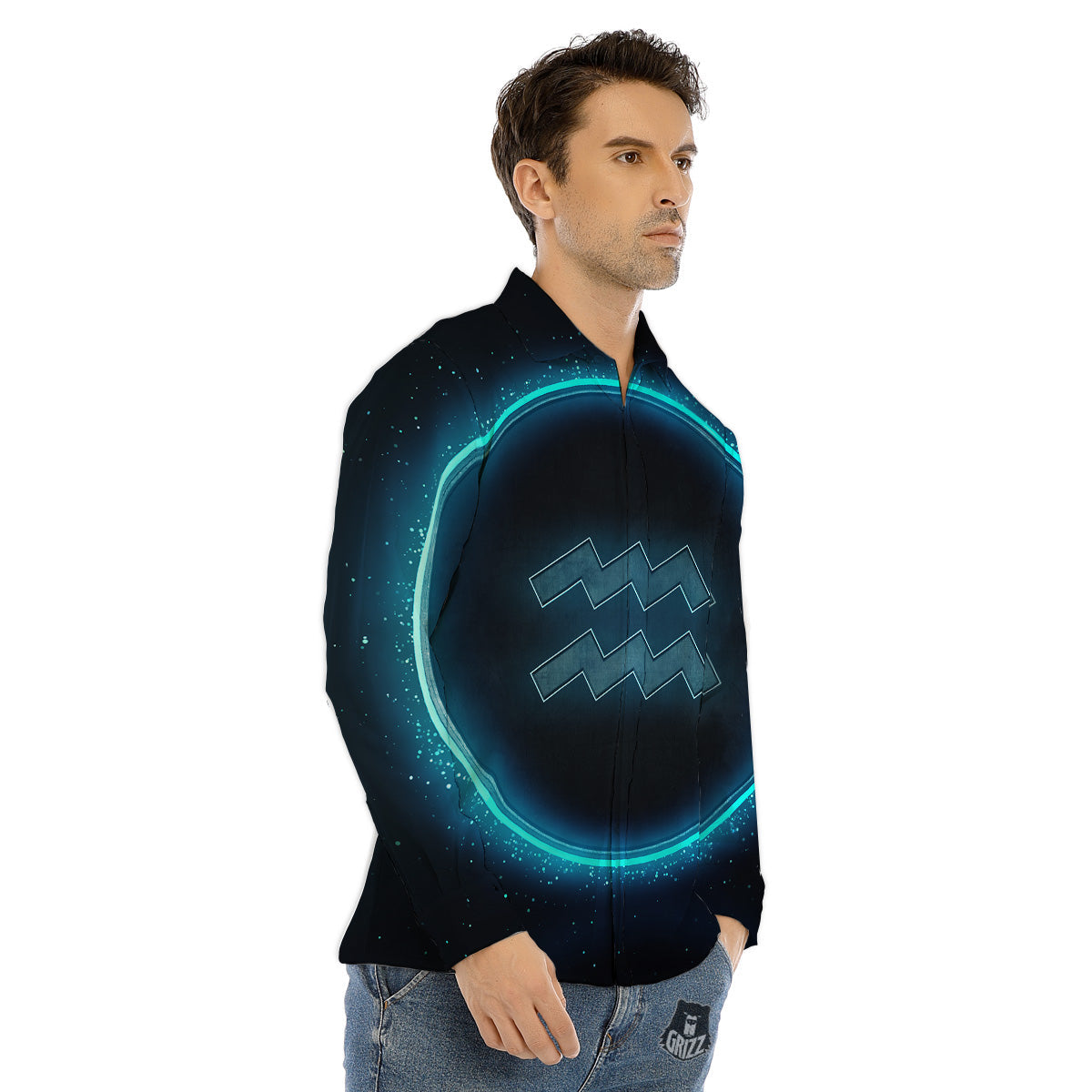 Zodiac Sign Blue Aquarius Print Men's Dress Shirts-grizzshop