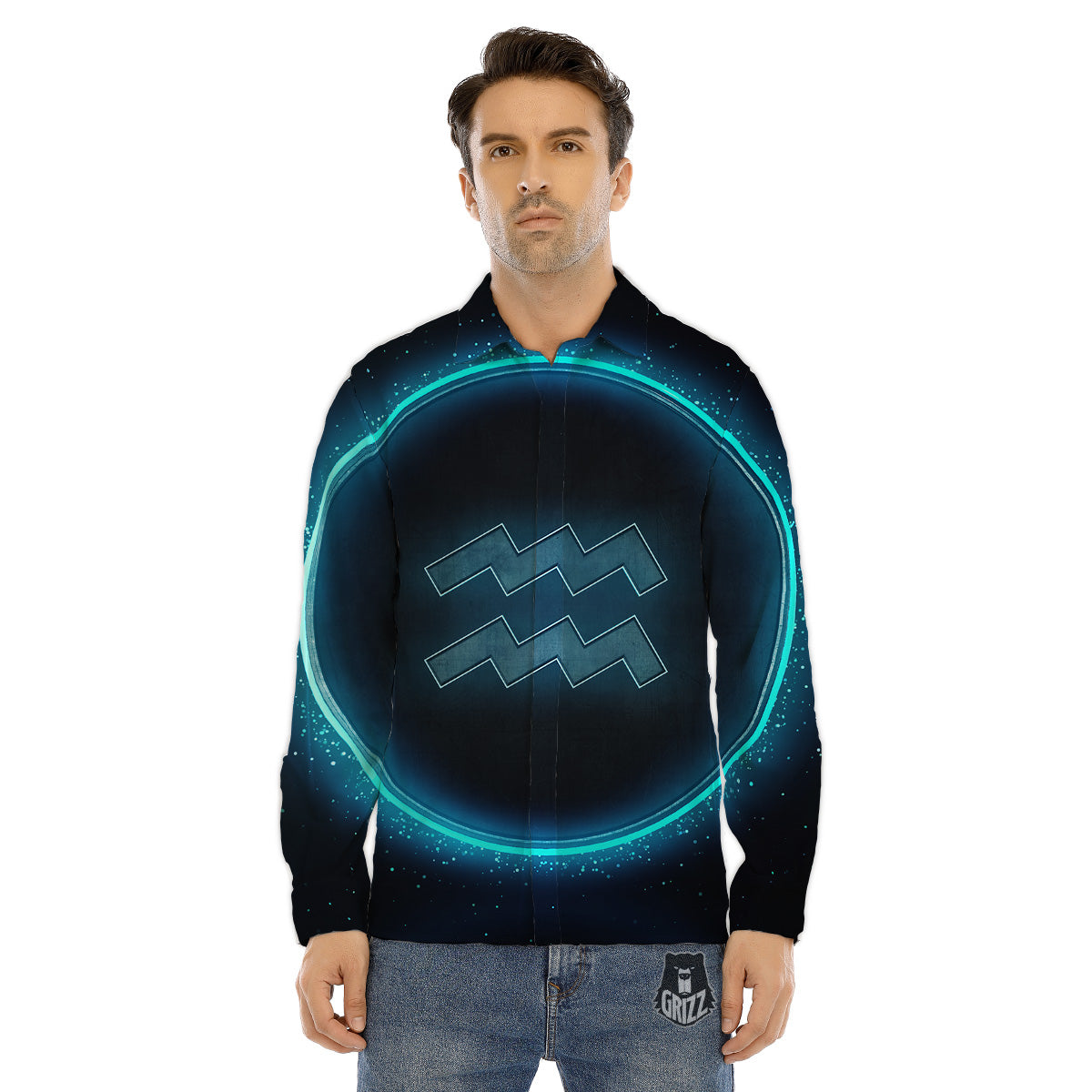 Zodiac Sign Blue Aquarius Print Men's Dress Shirts-grizzshop
