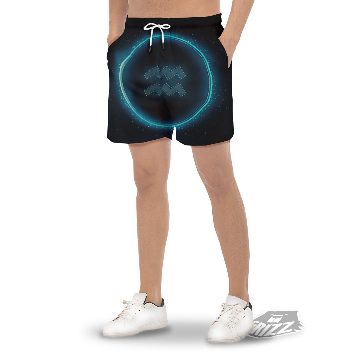 Zodiac Sign Blue Aquarius Print Men's Gym Shorts-grizzshop