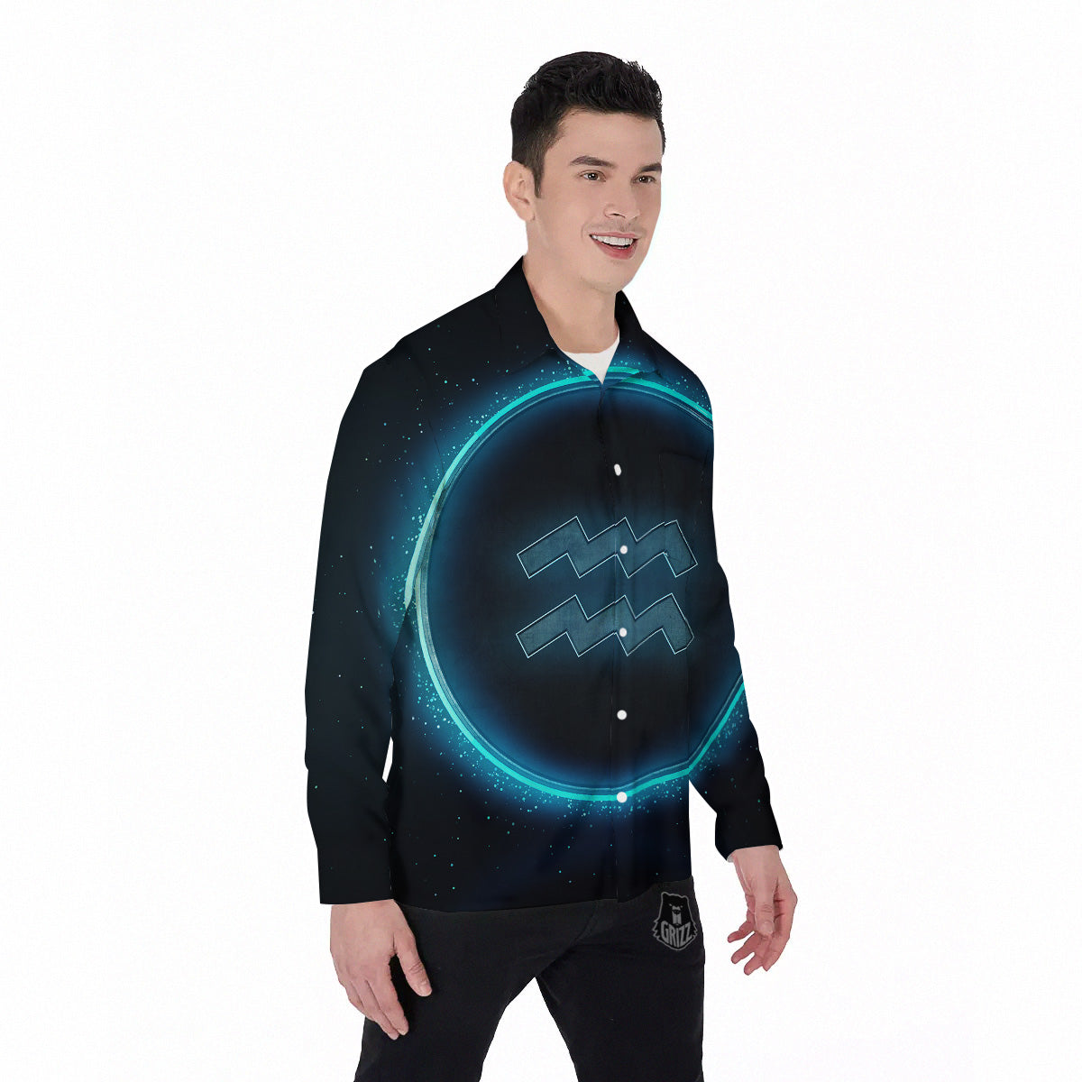 Zodiac Sign Blue Aquarius Print Men's Long Sleeve Shirts-grizzshop