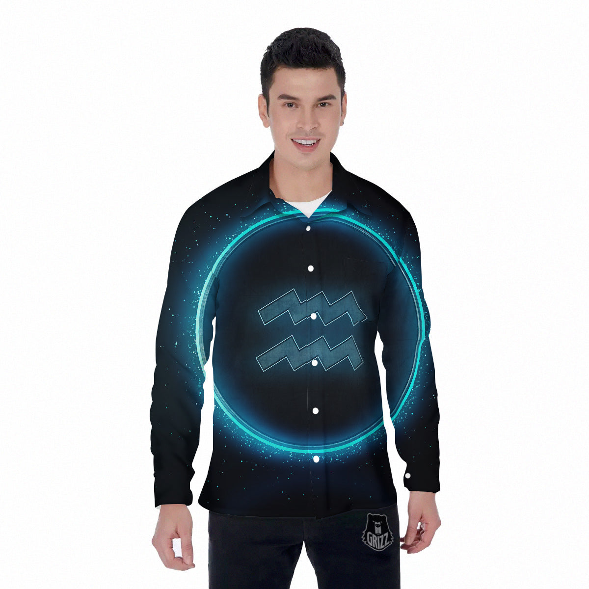 Zodiac Sign Blue Aquarius Print Men's Long Sleeve Shirts-grizzshop