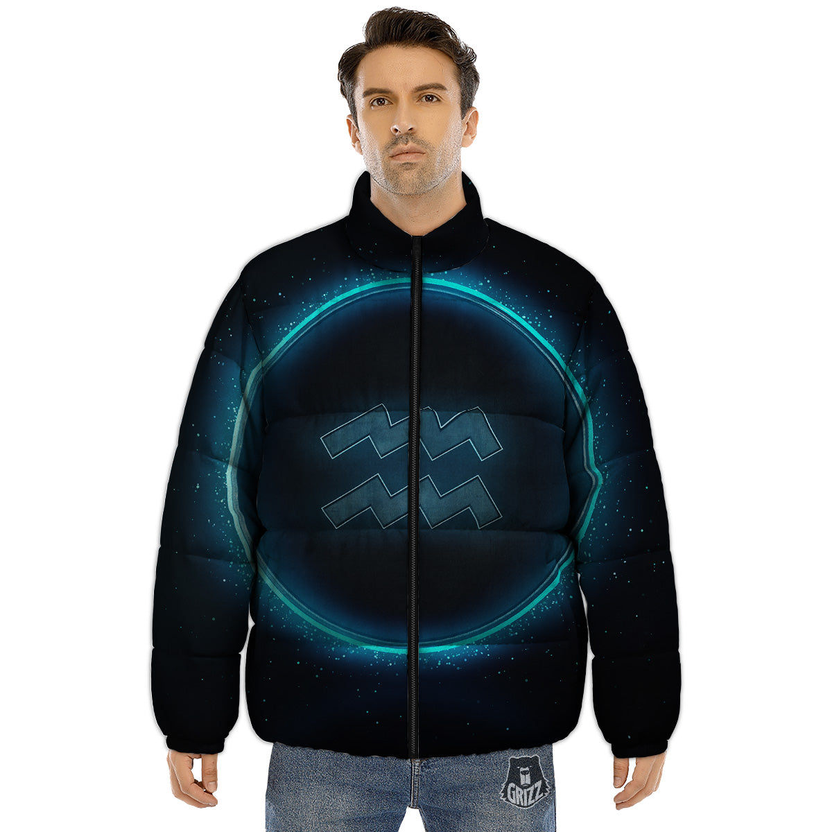 Zodiac Sign Blue Aquarius Print Puffer Jacket-grizzshop