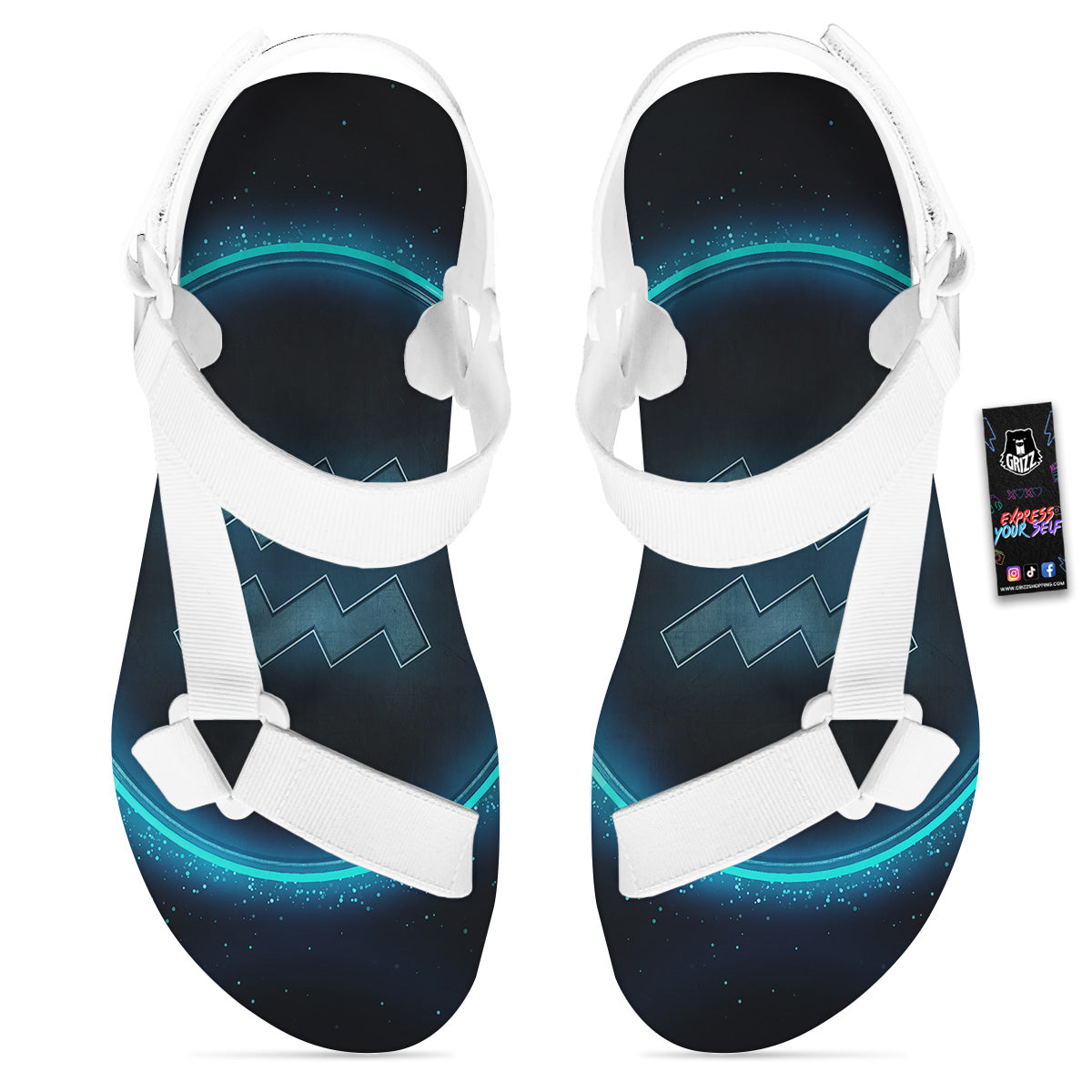 Zodiac Sign Blue Aquarius Print White Open Toe Sandals-grizzshop