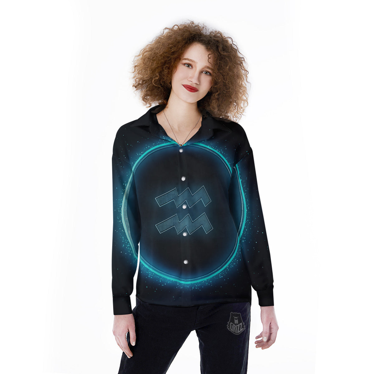 Zodiac Sign Blue Aquarius Print Women's Long Sleeve Shirts-grizzshop