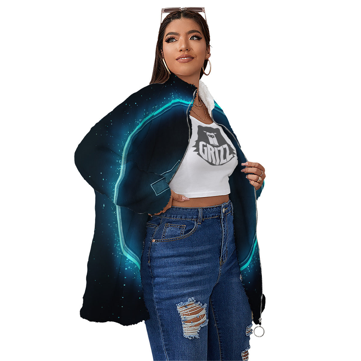 Zodiac Sign Blue Aquarius Print Women's Sherpa Jacket-grizzshop