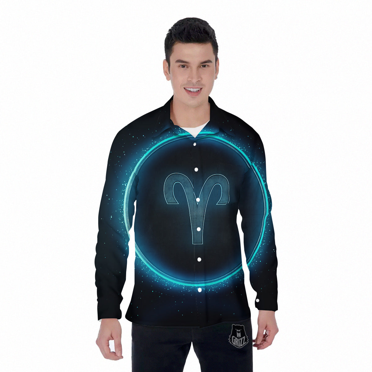 Zodiac Sign Blue Aries Print Men's Long Sleeve Shirts-grizzshop