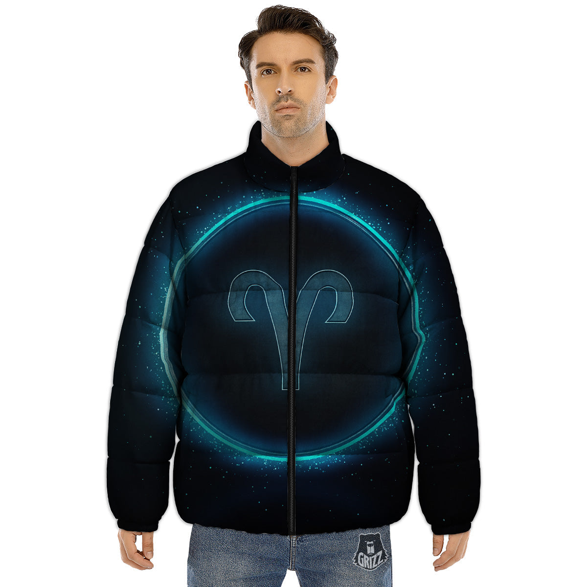 Zodiac Sign Blue Aries Print Puffer Jacket-grizzshop