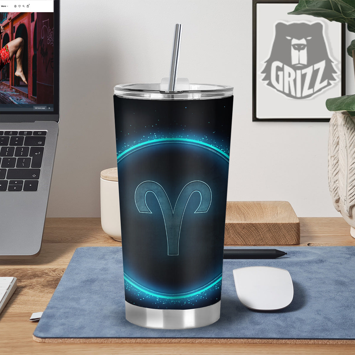 Zodiac Sign Blue Aries Print Tumbler-grizzshop