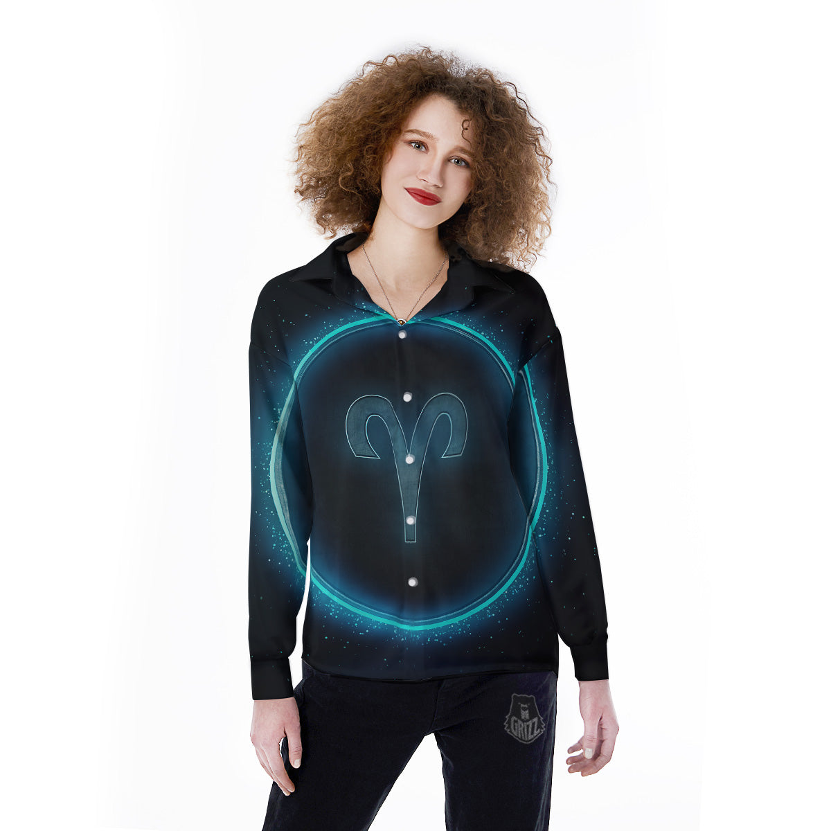Zodiac Sign Blue Aries Print Women's Long Sleeve Shirts-grizzshop