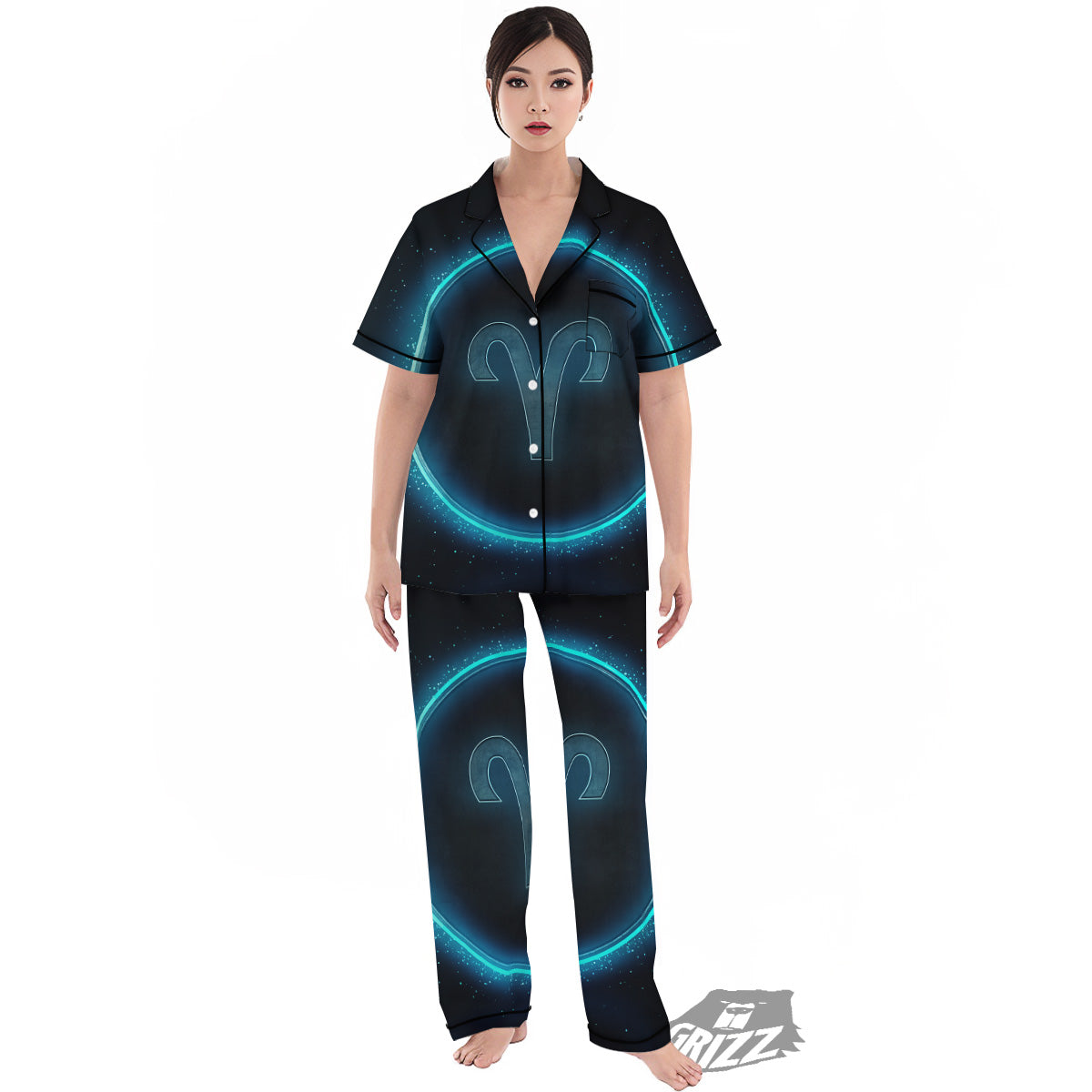 Zodiac Sign Blue Aries Print Women's Pajamas Set-grizzshop