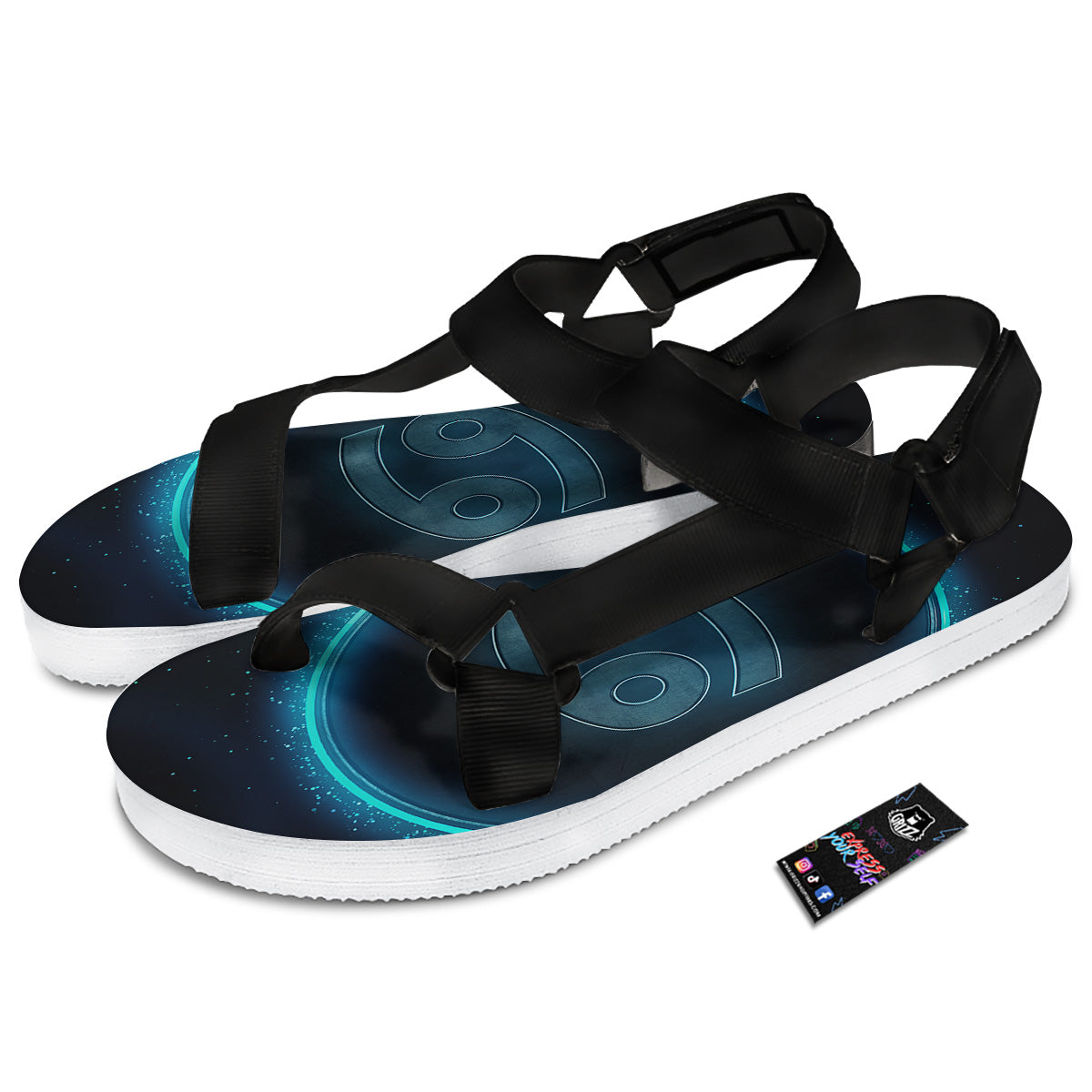 Zodiac Sign Blue Cancer Print Black Open Toe Sandals-grizzshop