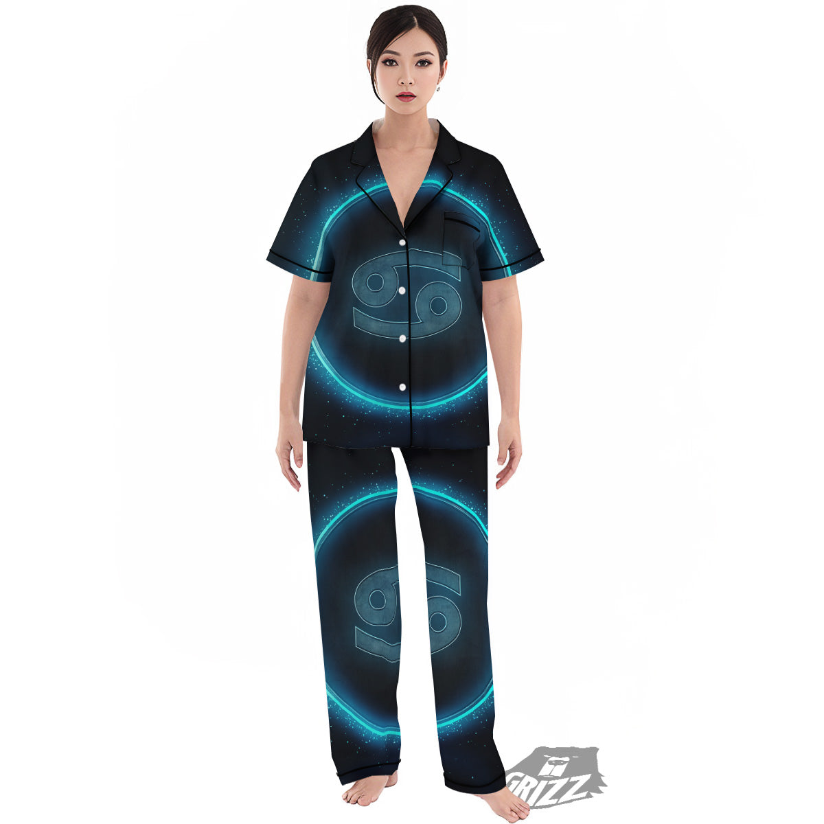 Zodiac Sign Blue Cancer Print Women's Pajamas Set-grizzshop