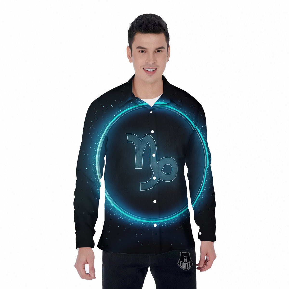 Zodiac Sign Blue Capricorn Print Men's Long Sleeve Shirts-grizzshop