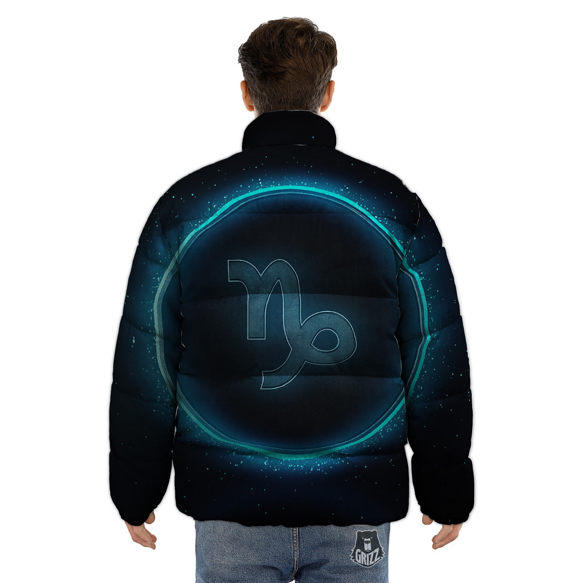 Zodiac Sign Blue Capricorn Print Puffer Jacket-grizzshop