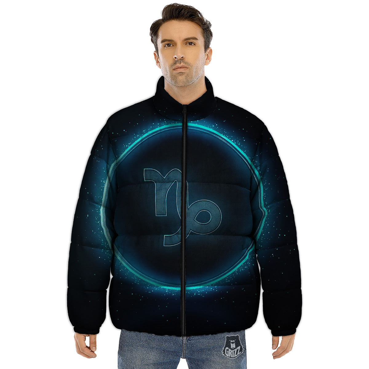 Zodiac Sign Blue Capricorn Print Puffer Jacket-grizzshop
