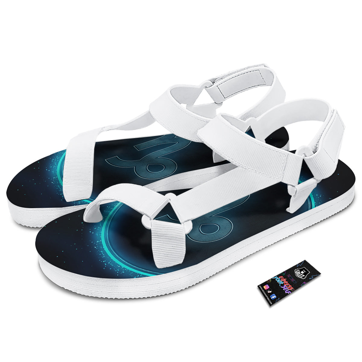 Zodiac Sign Blue Capricorn Print White Open Toe Sandals-grizzshop