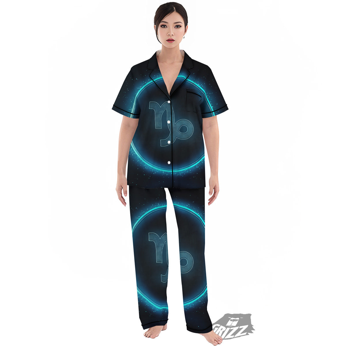 Zodiac Sign Blue Capricorn Print Women's Pajamas Set-grizzshop