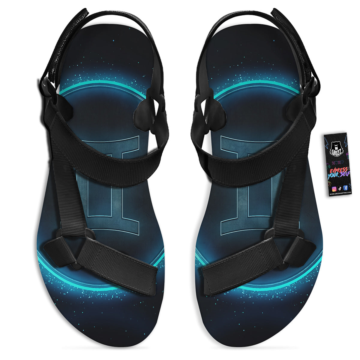 Zodiac Sign Blue Gemini Print Black Open Toe Sandals-grizzshop