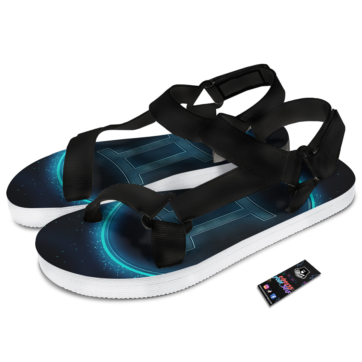 Zodiac Sign Blue Gemini Print Black Open Toe Sandals-grizzshop