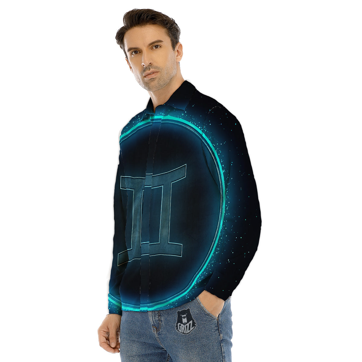 Zodiac Sign Blue Gemini Print Men's Dress Shirts-grizzshop